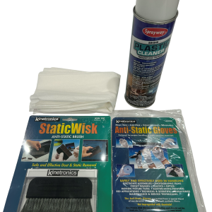 Assorted anti-static cleaning kit with StaticWisk brush and anti-static gloves on blue packaging.