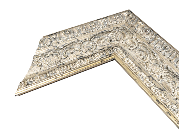 UA-420-2004: 3 Inch Wide Ornate Mottled Silver Sloped Wood Frame (3/8" Rabbet)